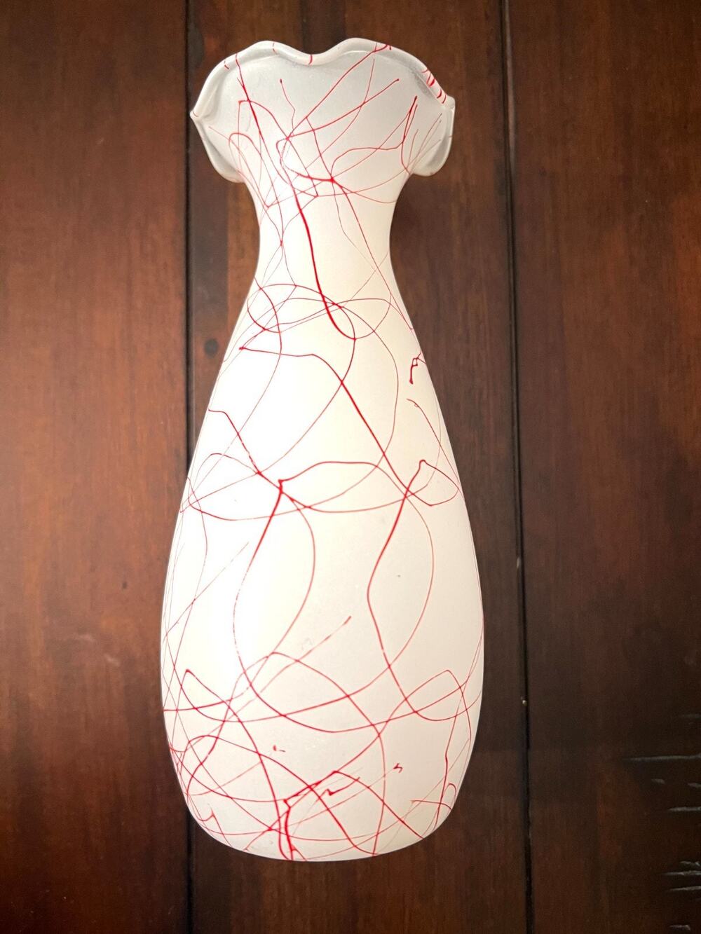 Vintage Hazel Atlas White Frosted Glass Vase, Red Spaghetti String Design, 1950s